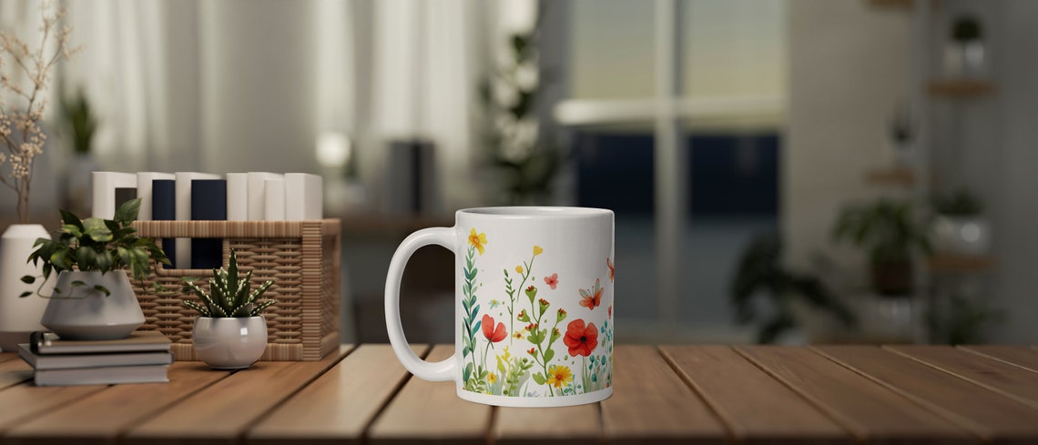 Floral Design Coffee Mug Colorful Wildflowers And Butterflies Illustration 11oz Ceramic Mug - Image 2