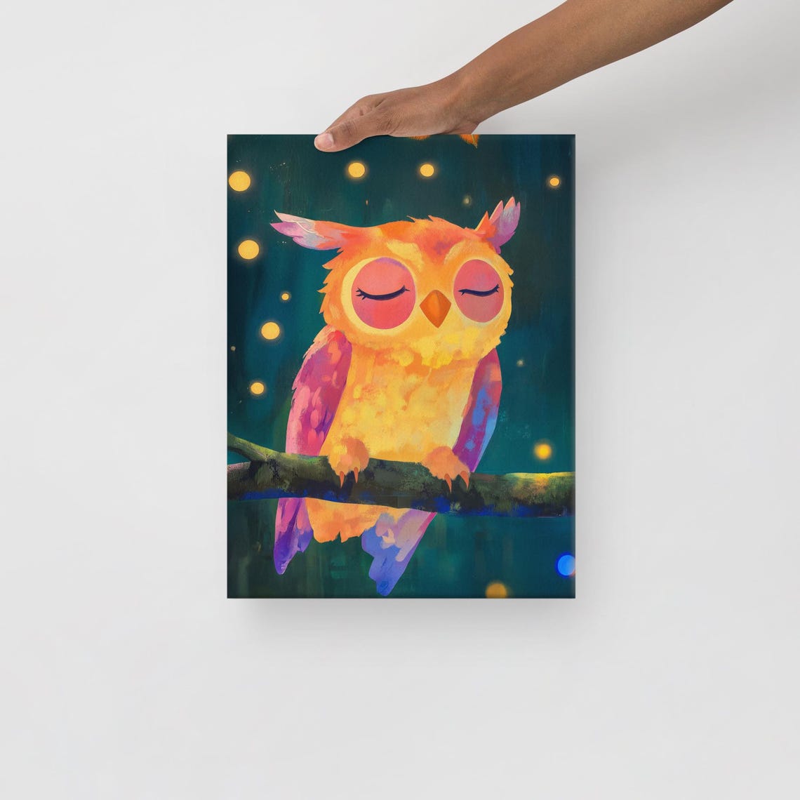Sleepy Orange Owl On Branch Night Sky Cute Nursery Animal Wall Art - Image 3