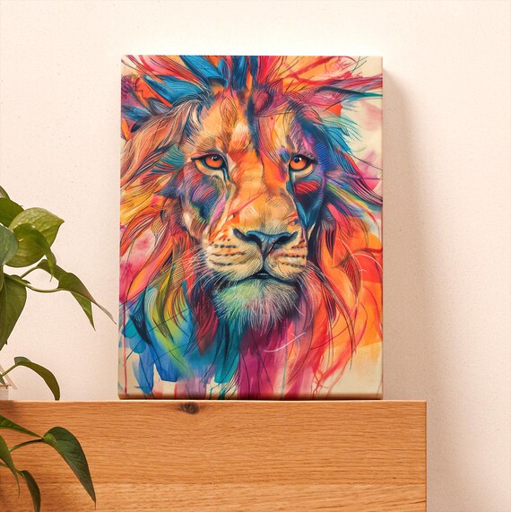 Vibrant Colorful Lion Face Abstract Watercolor Bold Wildlife Art Poster