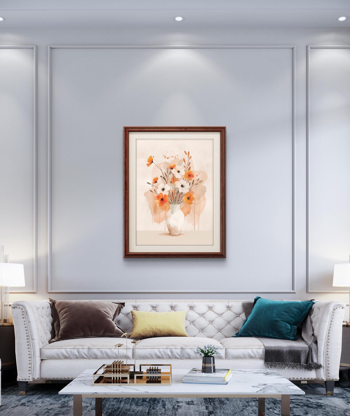 Neutral Watercolor Floral Still Life Orange White Blossoms Vase Poster - Image 3