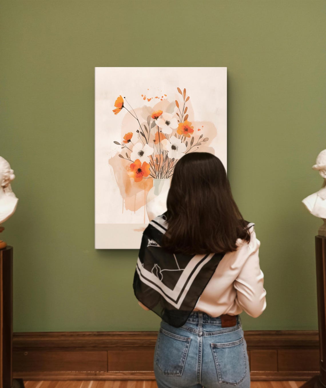 Neutral Watercolor Floral Still Life Orange White Blossoms Vase Poster - Image 5