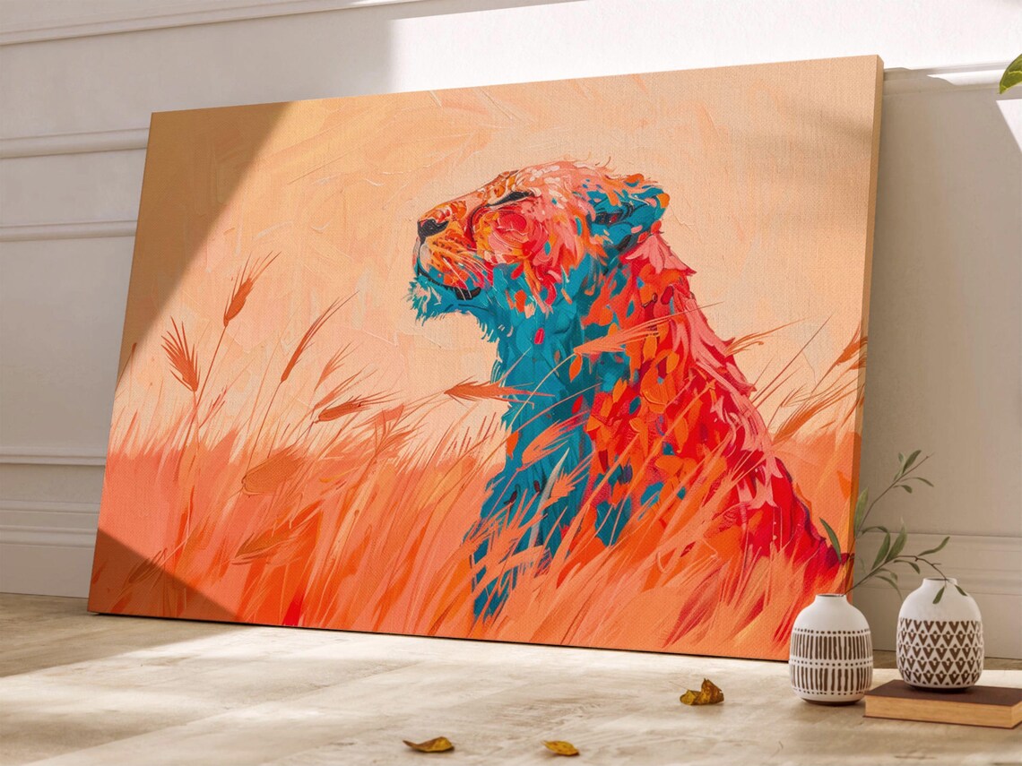 Majestic Lioness in Golden Savanna Grass Fiery Brushstrokes Art Poster