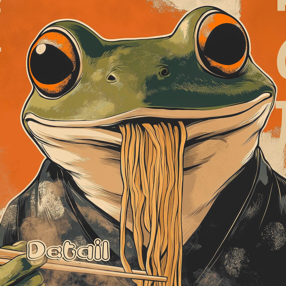 Cute Frog in Kimono Lifting Noodles From Orange Bowl Japanese Art Poster - Image 5