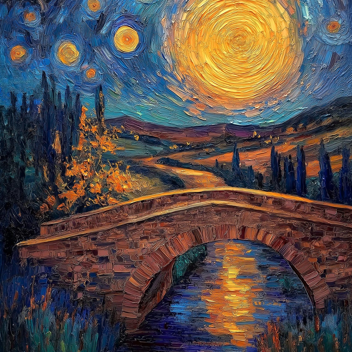 Van Gogh Style Starry Night Bridge Moonlit River Impressionist Poster - Image 3