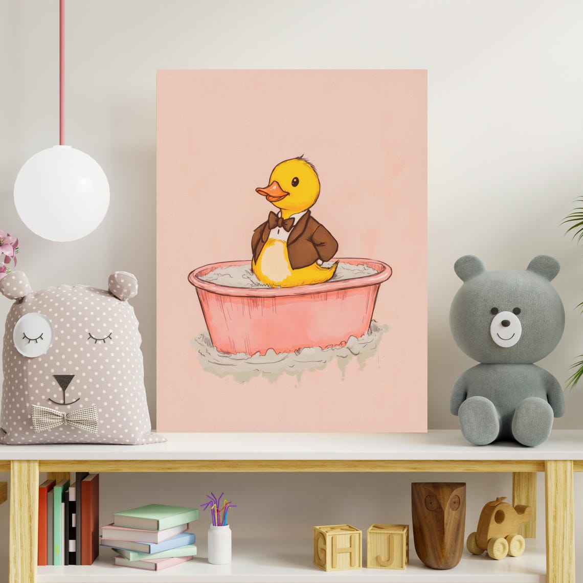 Duck In Tuxedo Bow Tie Pink Bathtub Funny Bathroom Animal Art Poster
