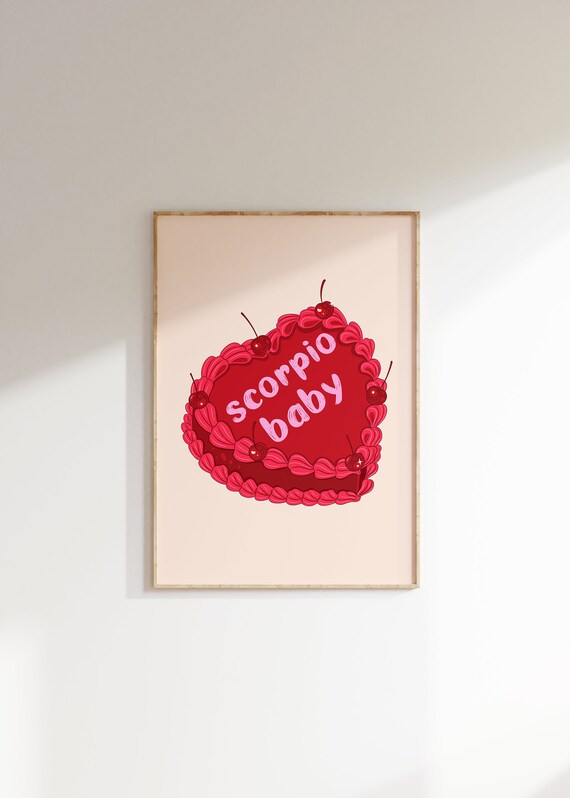 Scorpio Baby Red Vintage Heart Cake Cherries Zodiac Art Print