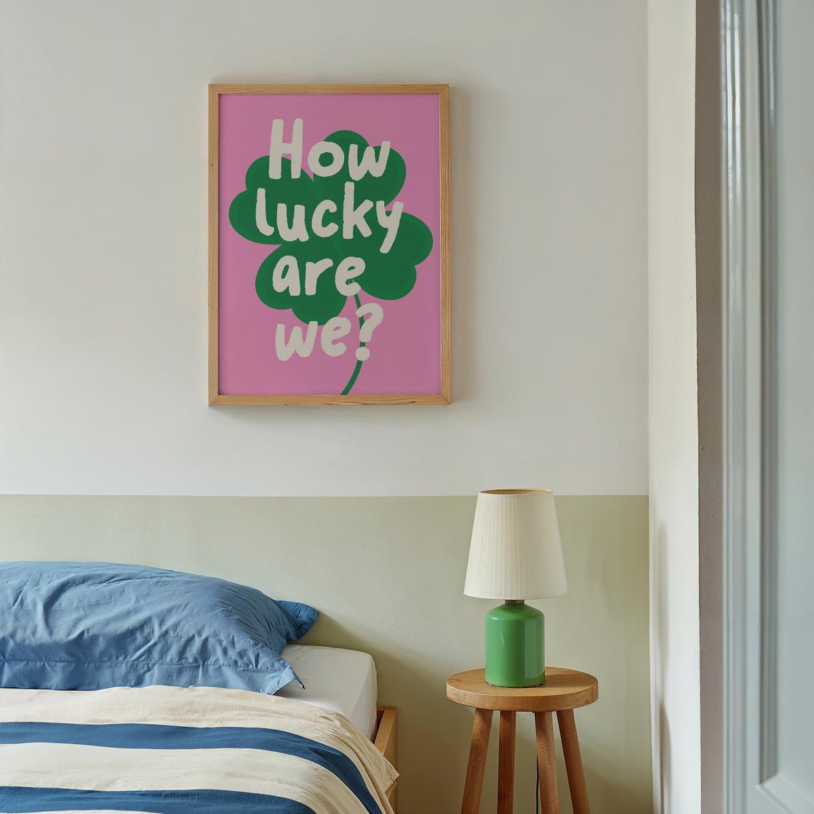 How Lucky Are We Pink and Green Clover Inspirational Quote Poster