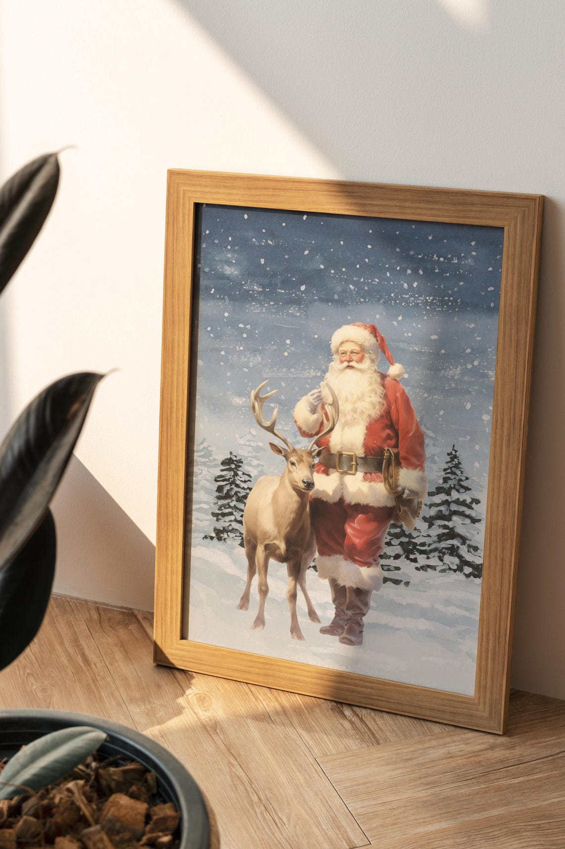 Santa Claus with Reindeer Snowy Night Watercolor Christmas Poster - Image 2