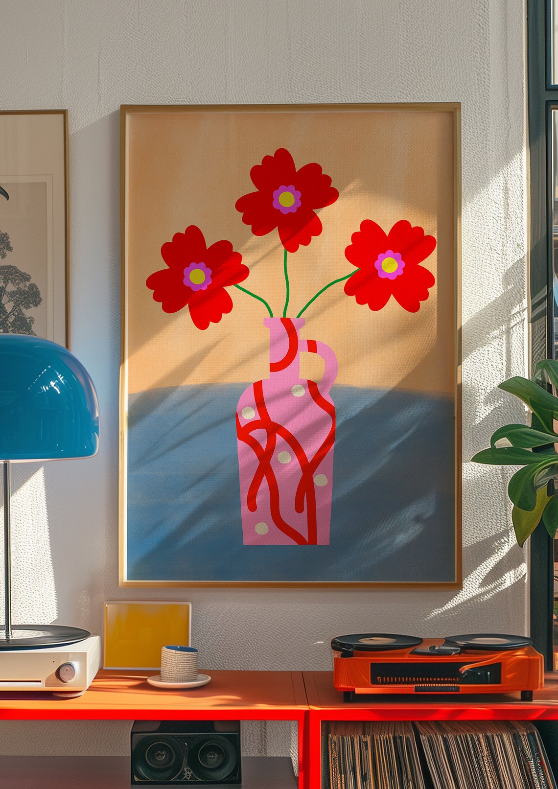 Red Cosmos Flowers in Pink Patterned Vase on Orange Blue Poster - Image 2