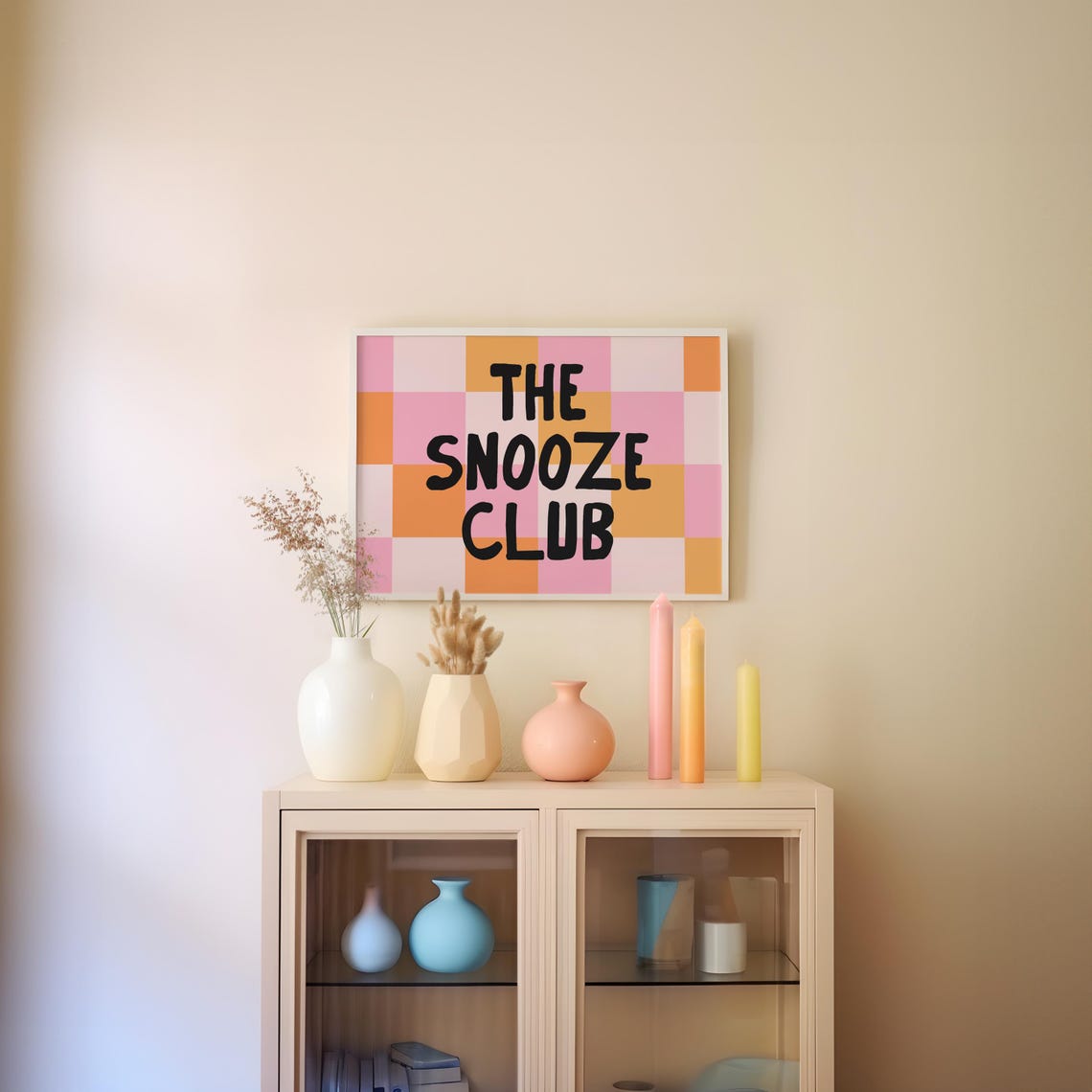 The Snooze Club Checkered Pink Orange Retro Bedroom Wall Poster - Image 2