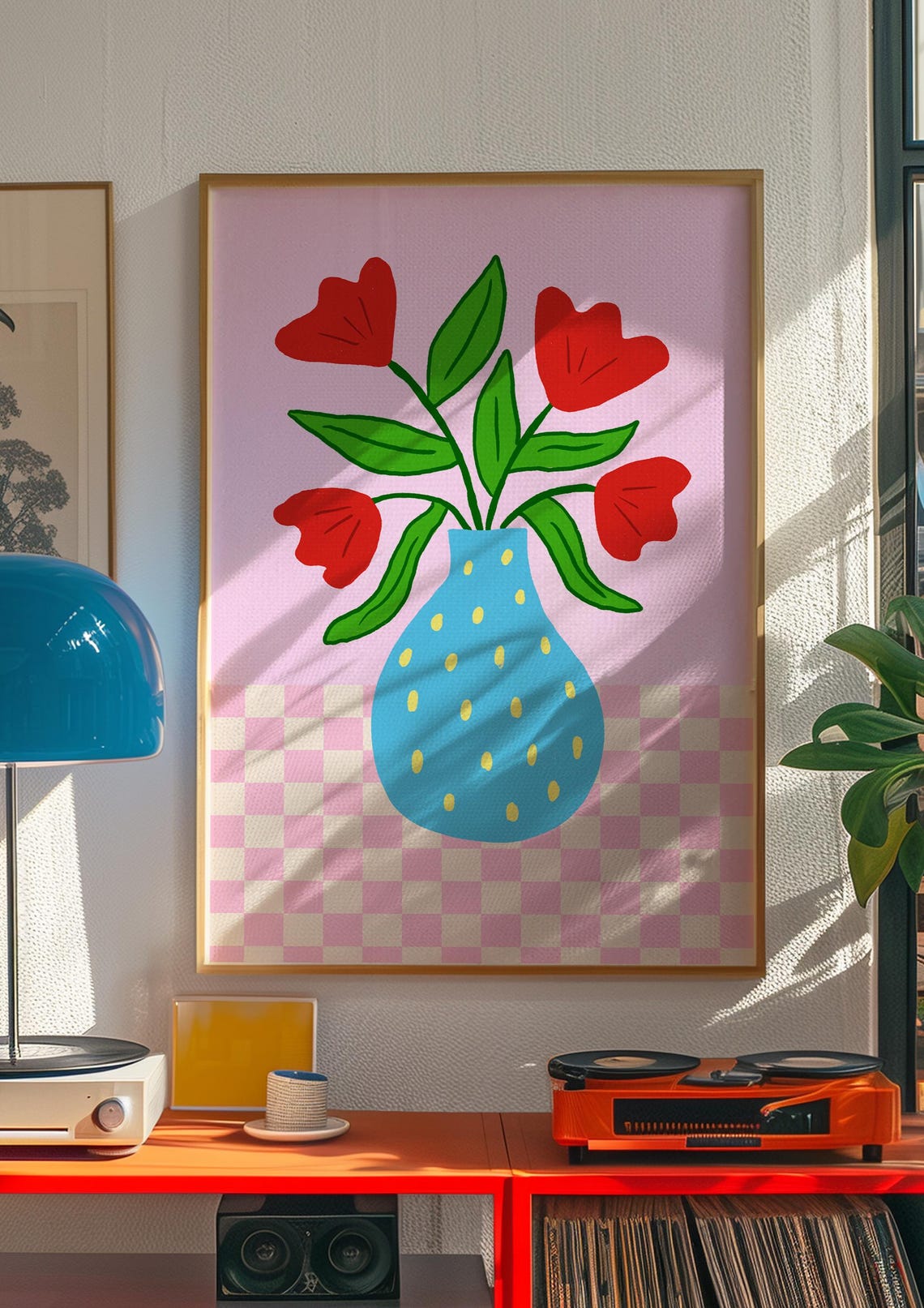 Red Tulips in Blue Polka Dot Vase Pink Checkerboard Floral Poster - Image 2