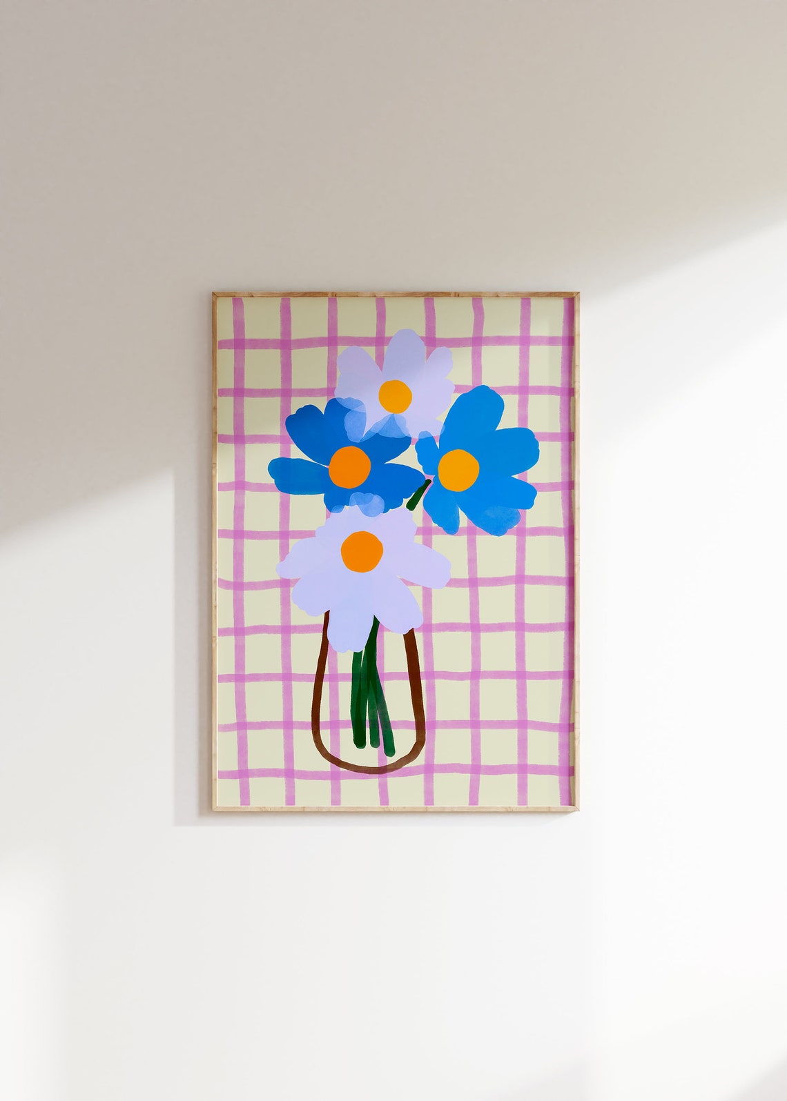 Blue and Purple Daisies in Vase on Pink Gingham Grid Floral Poster