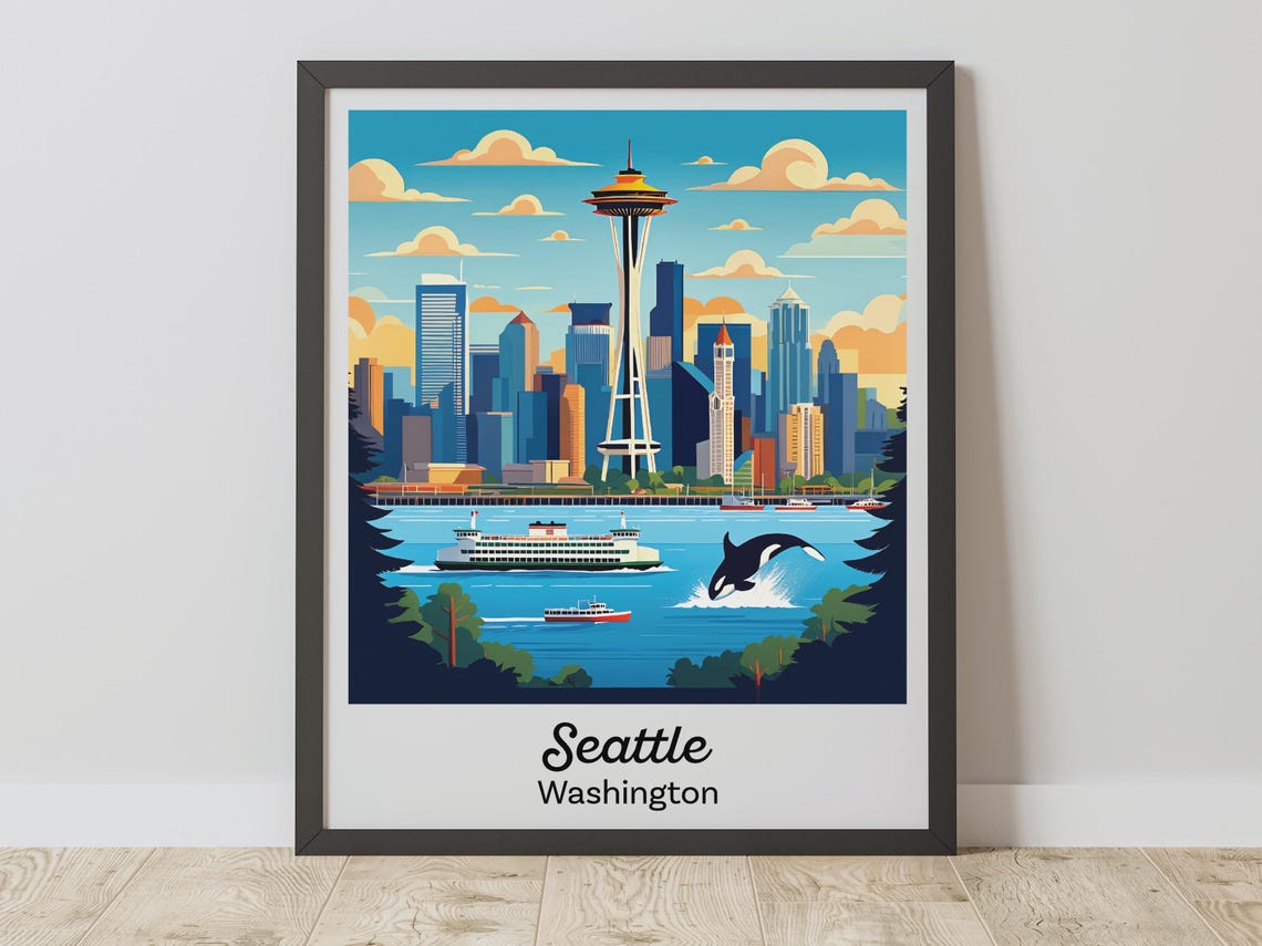Seattle Washington Space Needle Skyline Ferry Orca Travel Poster