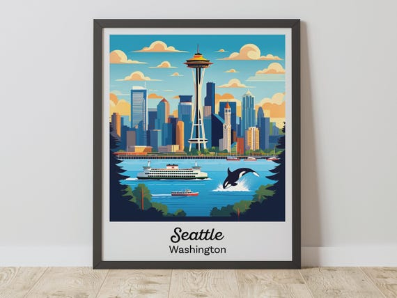 Seattle Space Needle Print Washington Wall Art Vintage Skyline Travel Poster