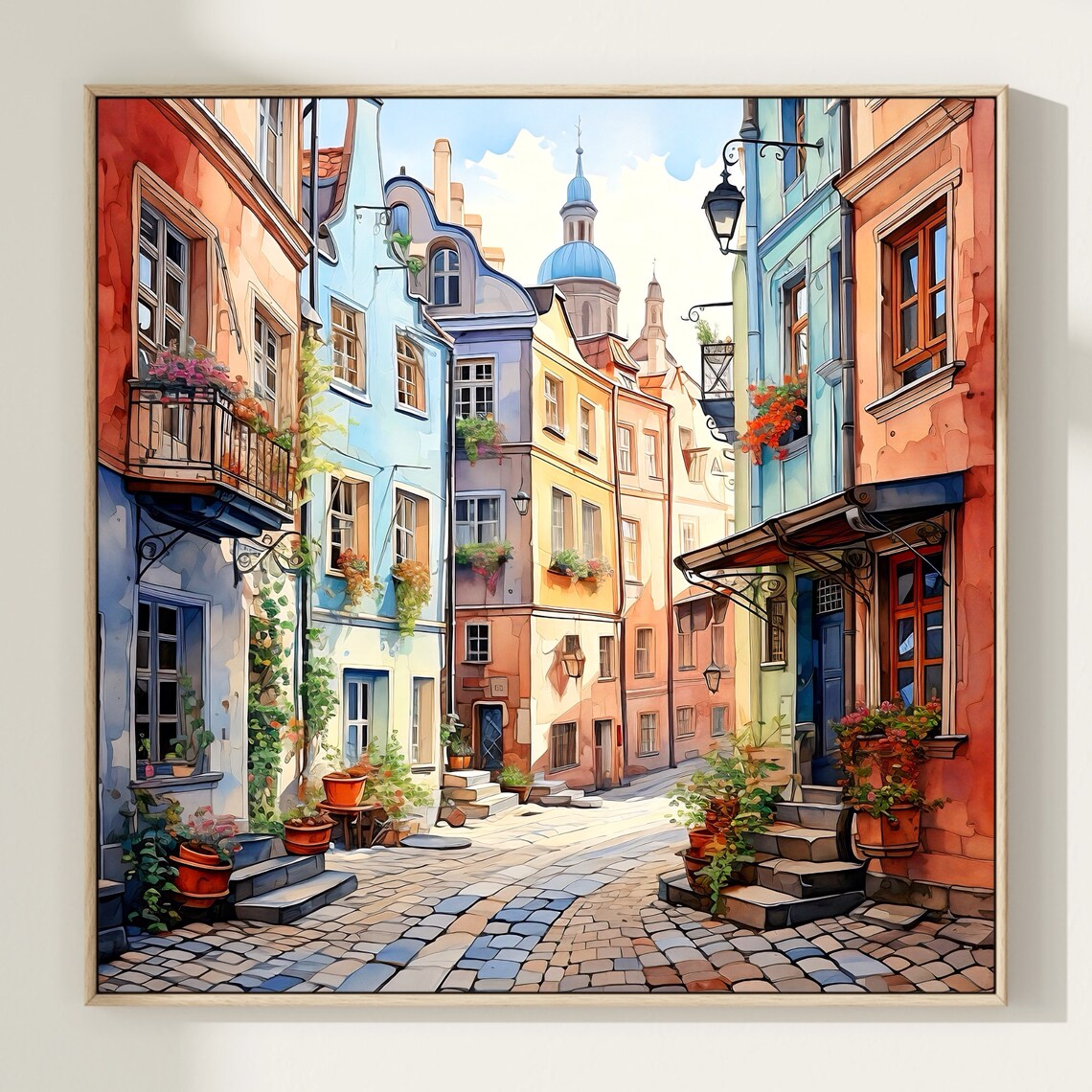 Stockholm Old Town Colorful Cobblestone Street Watercolor Poster