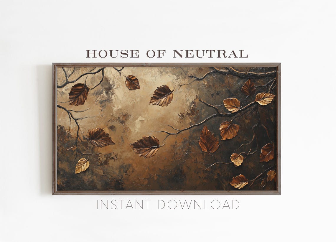 Golden Bronze Autumn Leaves Branch Textured Metallic Neutral Wall Art