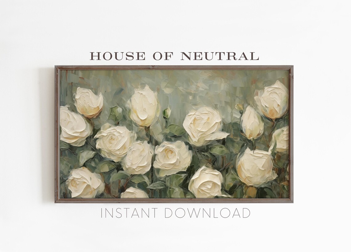 White Roses Impasto Oil Painting Sage Green Textured Floral Art Poster