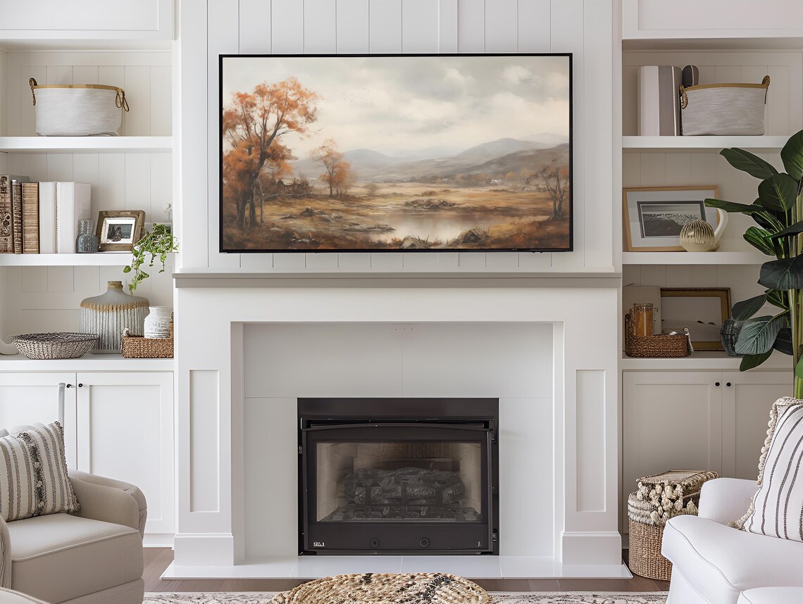 Muted Autumn Valley Lake Misty Mountains Orange Trees Vintage Wall Art - Image 3