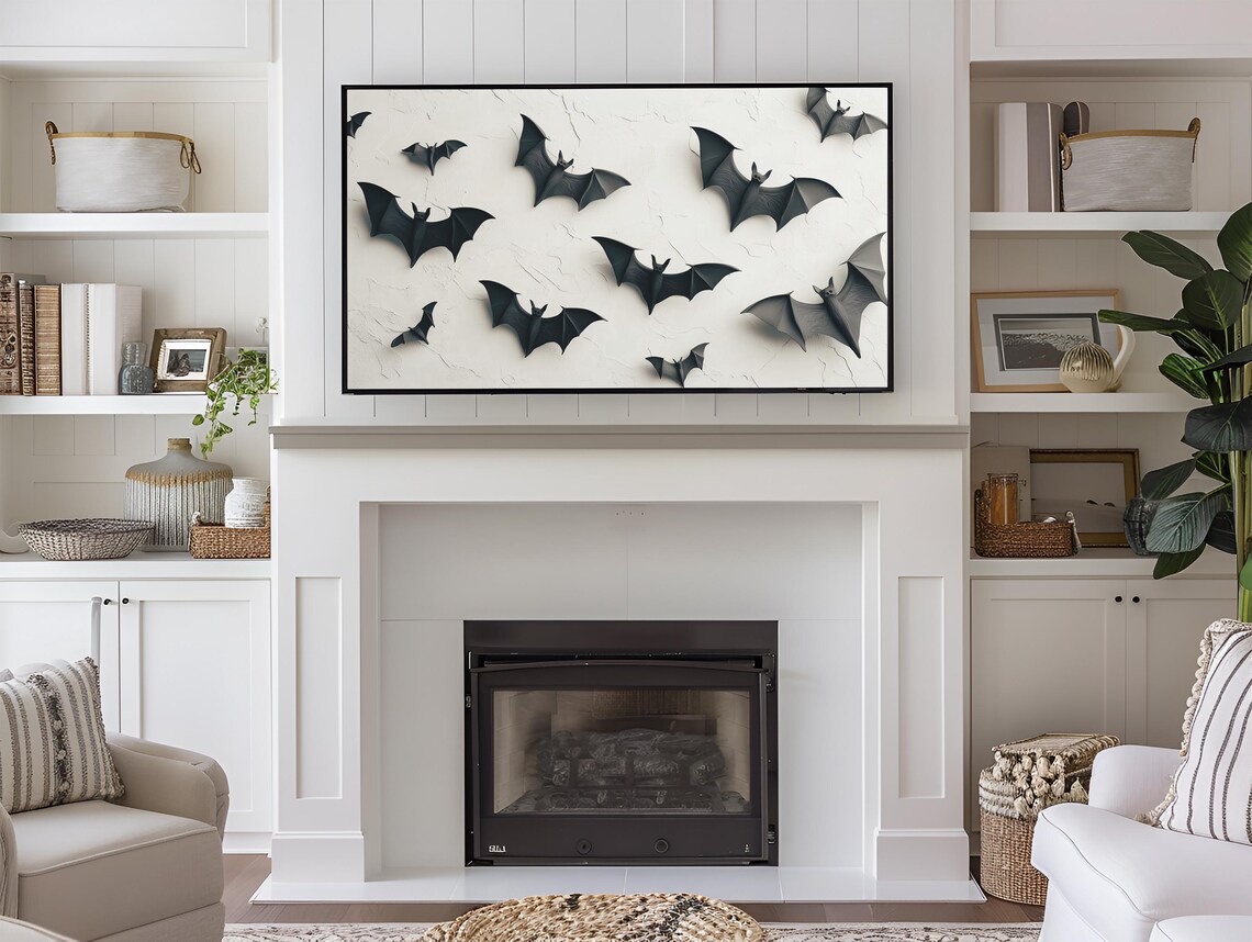 Black 3D Bats Cracked White Wall Modern Halloween Decor Art Wall Poster - Image 3