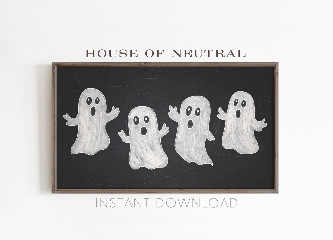 Cute White Ghosts Black Chalkboard Halloween Farmhouse Decor Art Poster