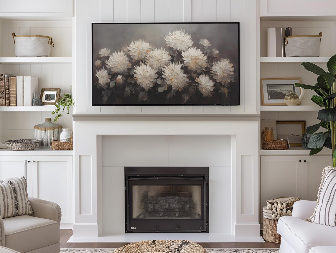 White Mums Bouquet Dark Moody Textured Fall Floral Oil Painting Poster - Image 4