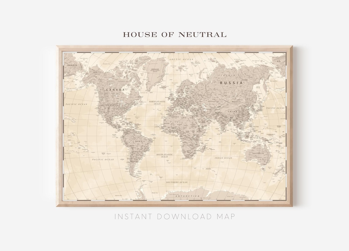 World Map Neutral World Travel Map Poster Print