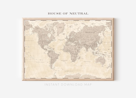 World Map Neutral World Travel Map Poster Print