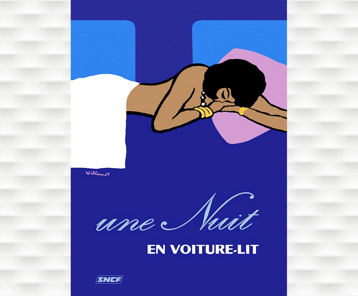 SNCF Sleeper Train Night Voiture Lit Blue Vintage Villemot Poster