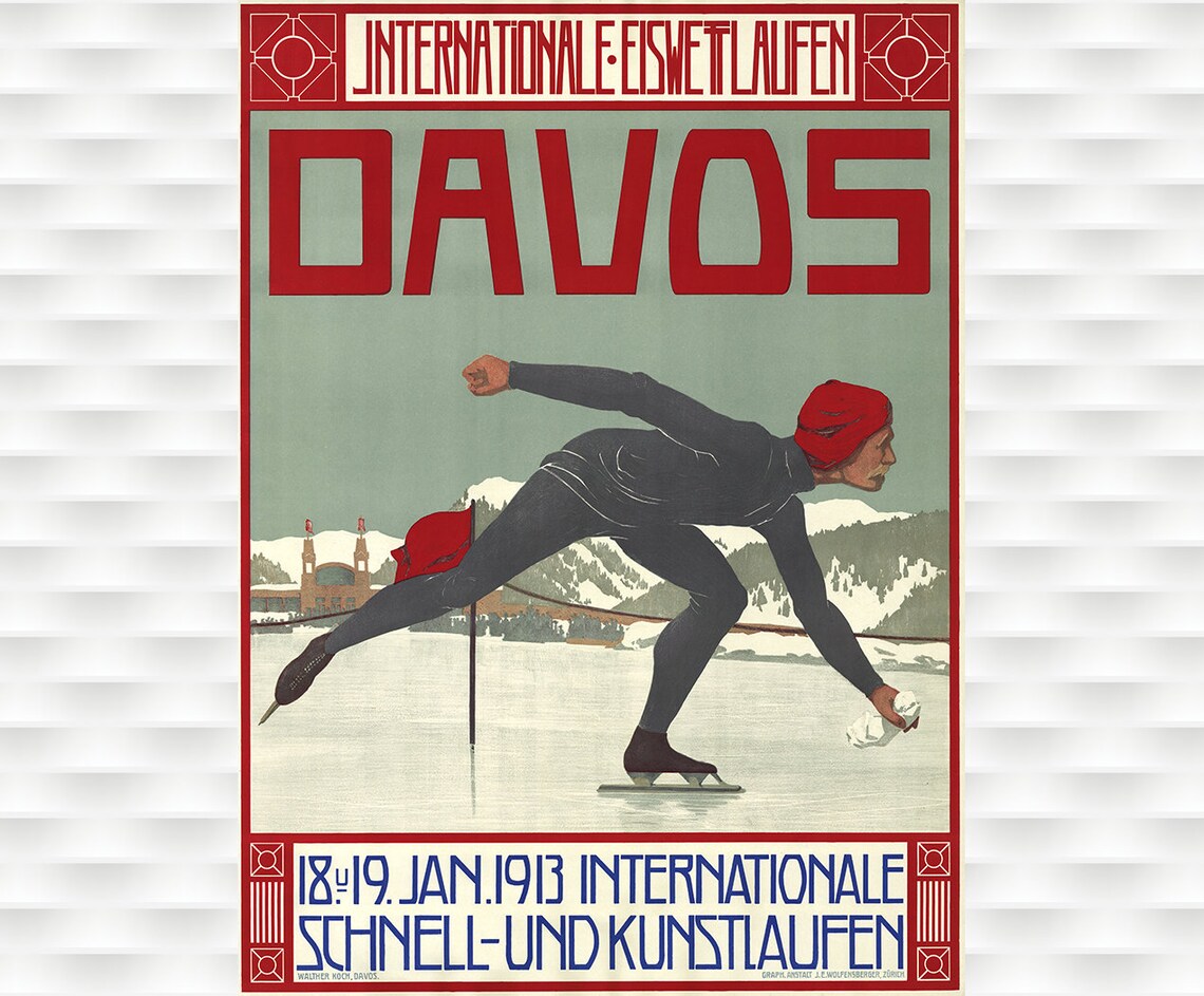 Davos 1913 Swiss International Speed Skating Races Vintage Poster