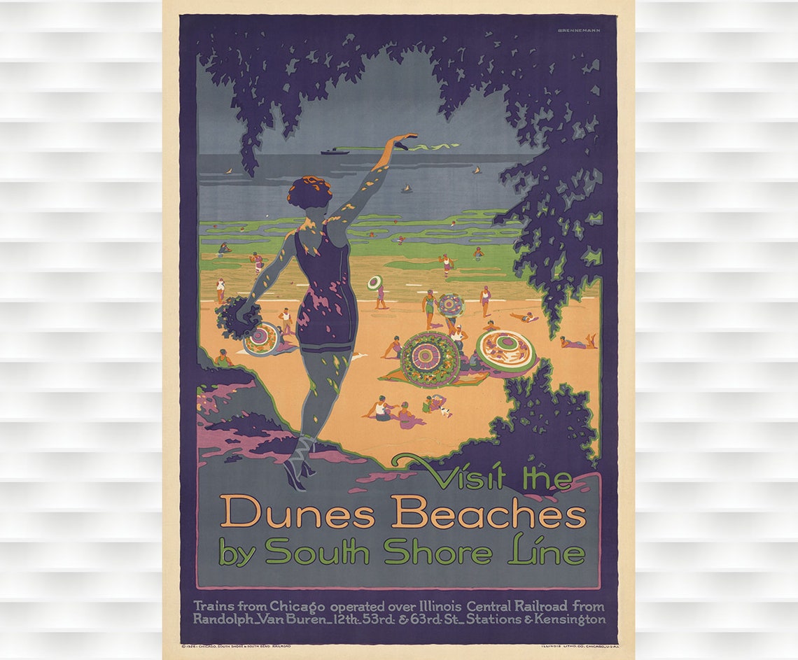 Visit the Dunes Beaches South Shore Line Vintage Beach Bathing Poster