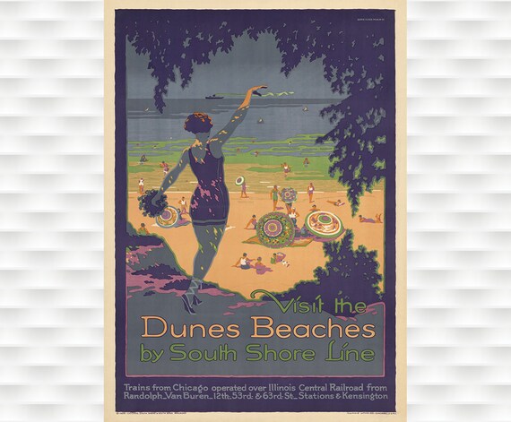 Visit the Dunes Beaches South Shore Line Vintage Beach Bathing Poster