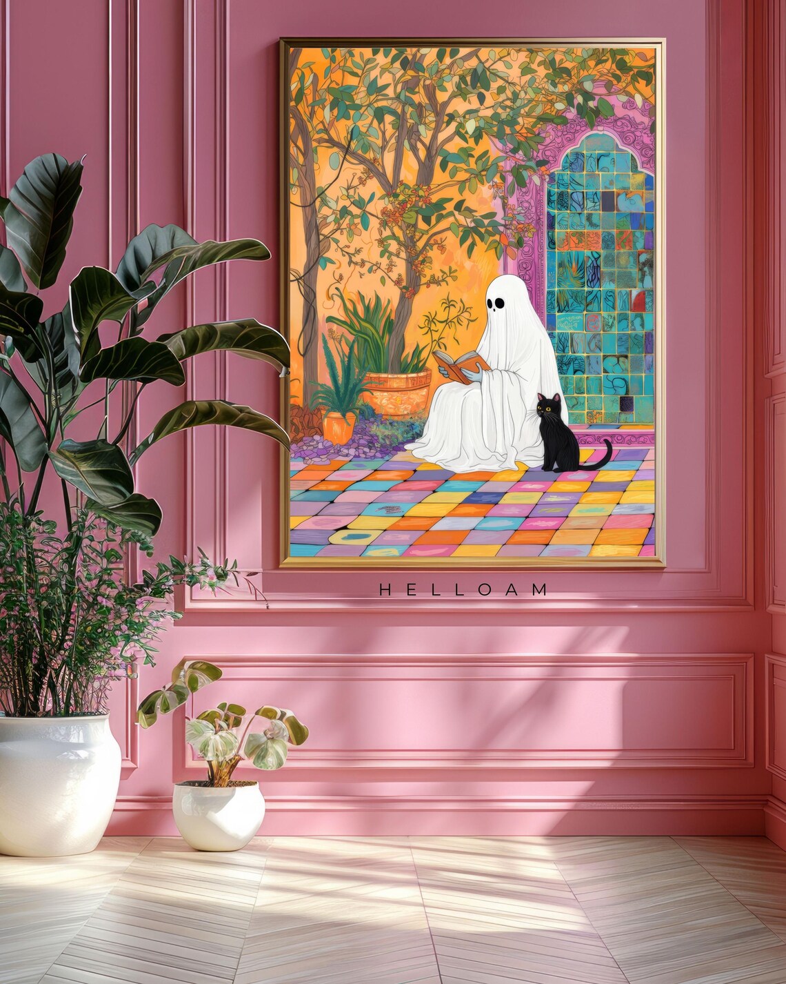 Ghost Reading Book On Colorful Tiled Patio With Black Cat Halloween Poster - Image 4