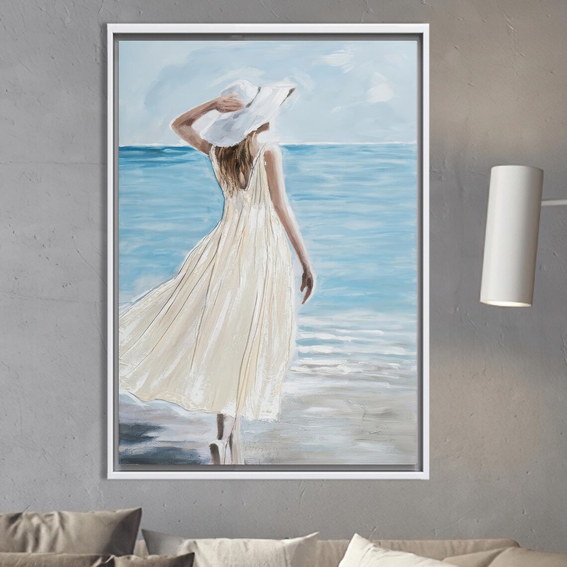 Woman in White Dress, Modern Coastal Art Print