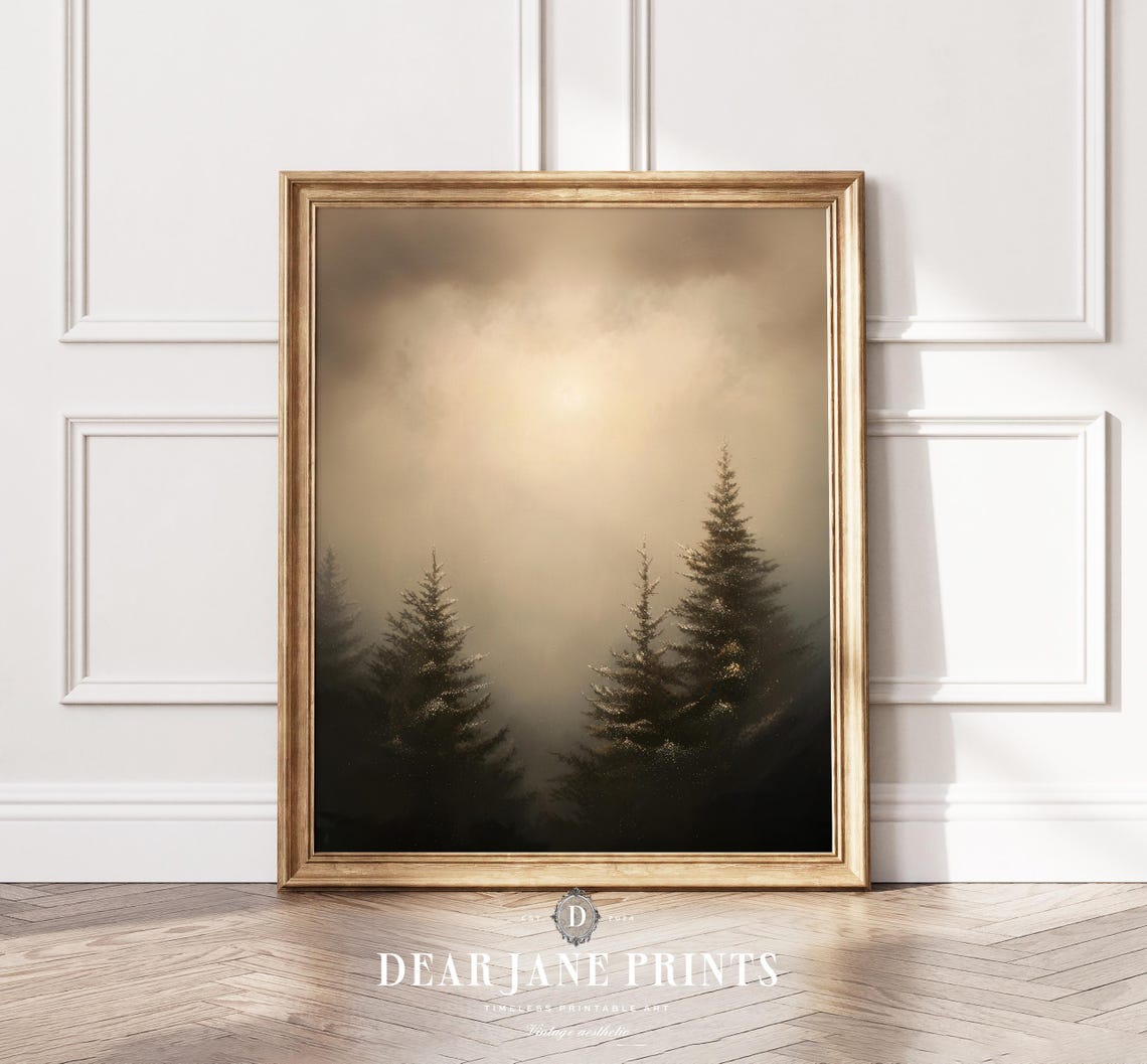 Misty Pine Forest With Golden Light Breaking Through Fog Poster