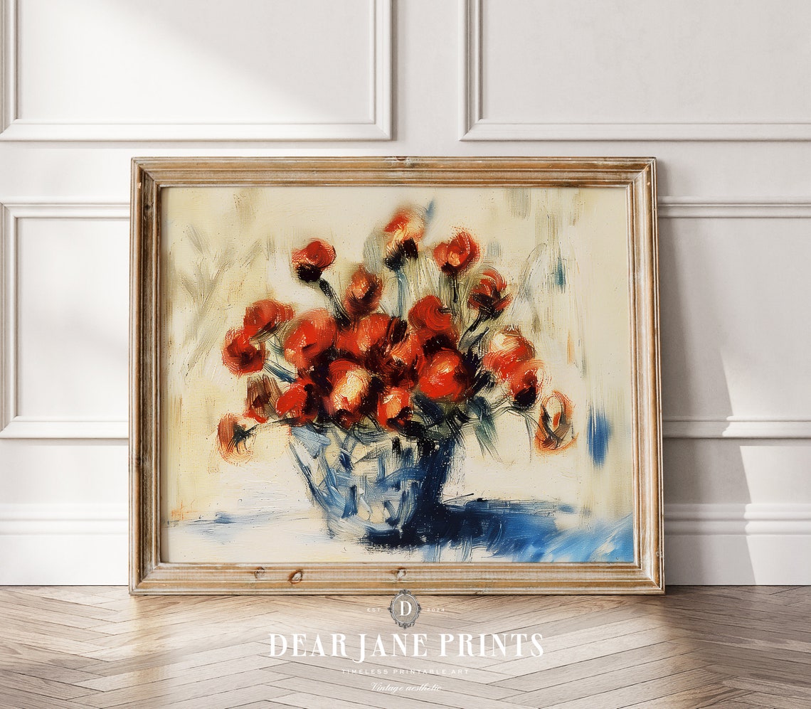Red Poppies Blue Vase Impressionist Floral Painting Vintage Wall Art