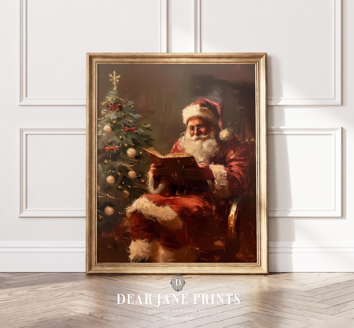 Santa Claus Reading A Book Vintage Christmas Poster