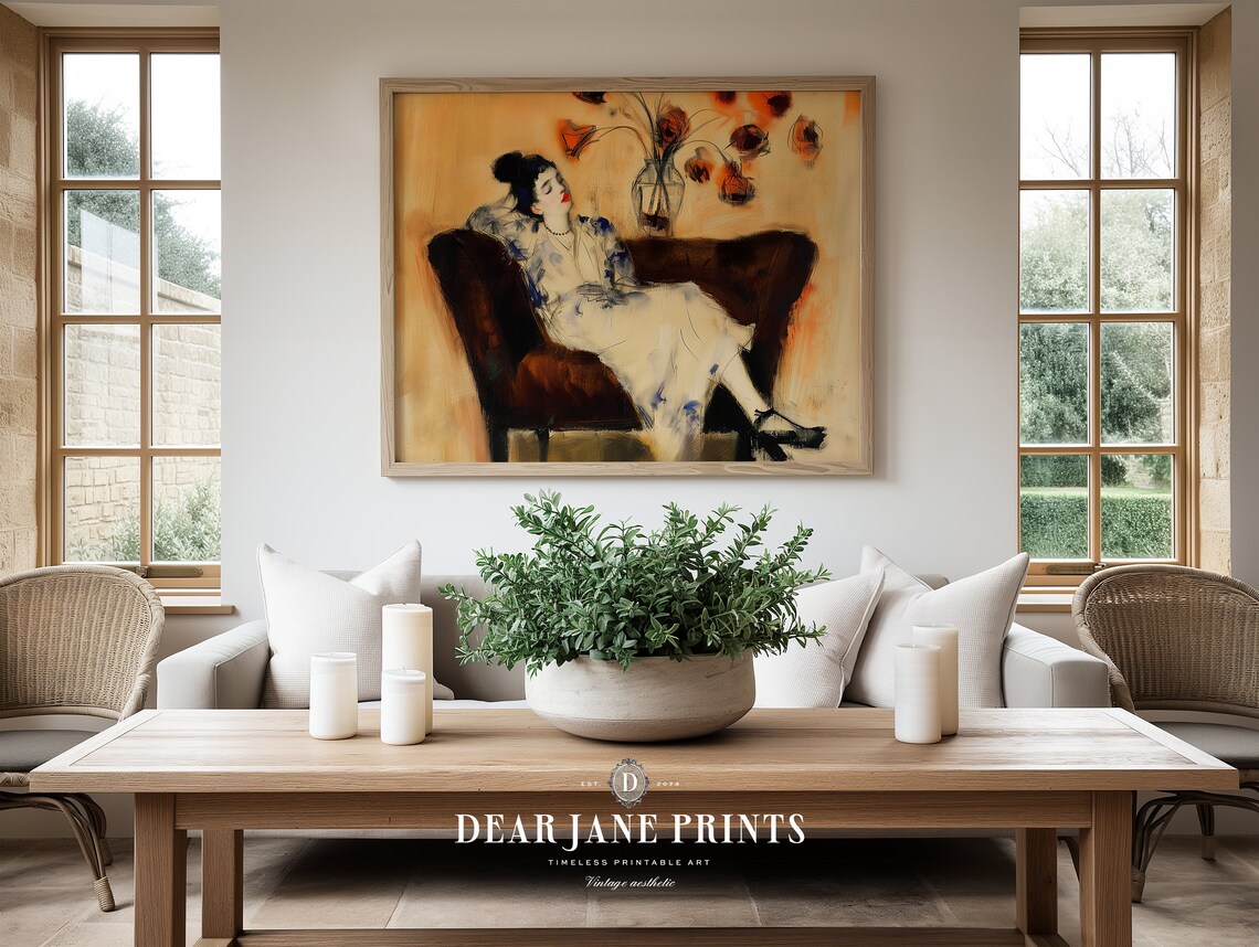 Reclining Woman on Chaise Lounge Vintage Oil Portrait with Poppies Poster - Image 2