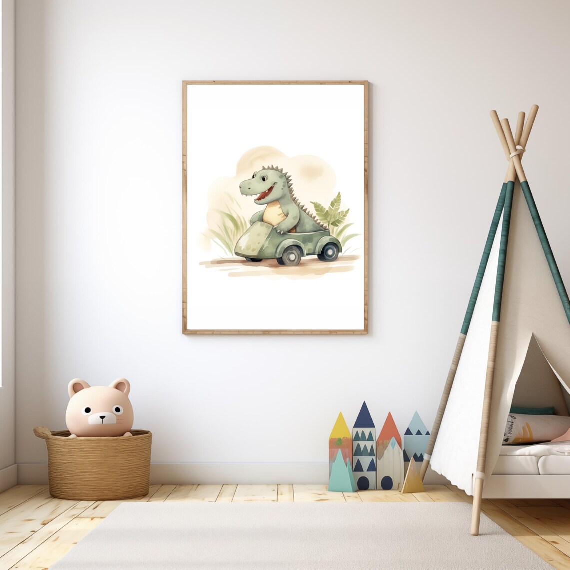 Baby Dinosaur Driving Green Toy Car Watercolor Nursery Wall Art - Image 4