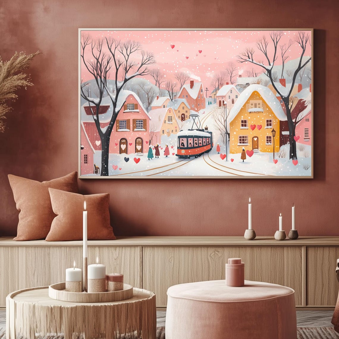 Red Tram In Snowy Pink Village Floating Hearts Romantic Wall Art - Image 2