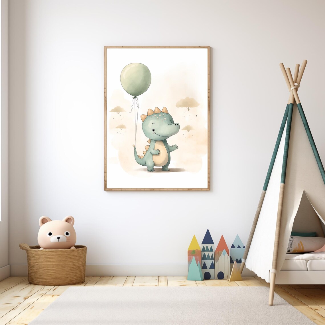 Cute Baby Dinosaur Balloon Watercolor Nursery Kids Room Wall Poster - Image 3