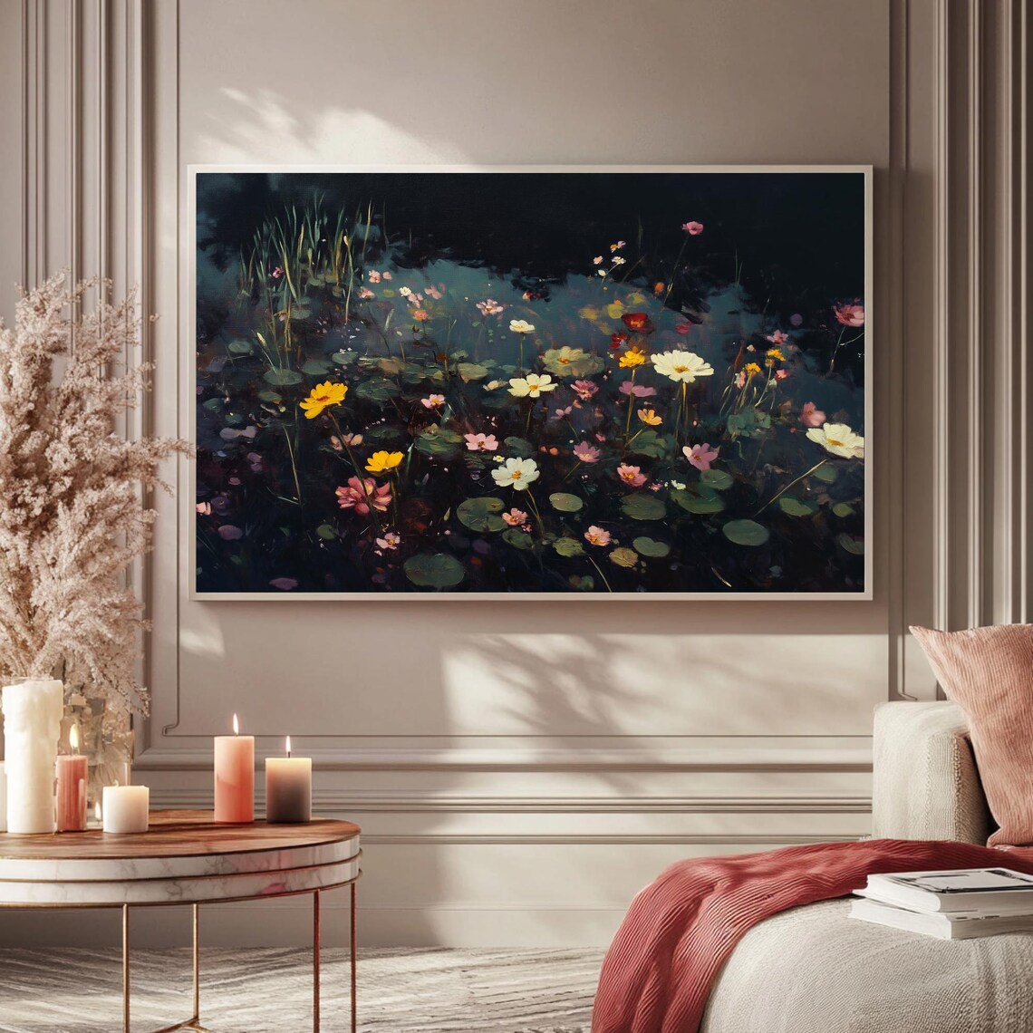 Colorful Wildflowers Dark Lake Moody Botanical Painting TV Poster - Image 5