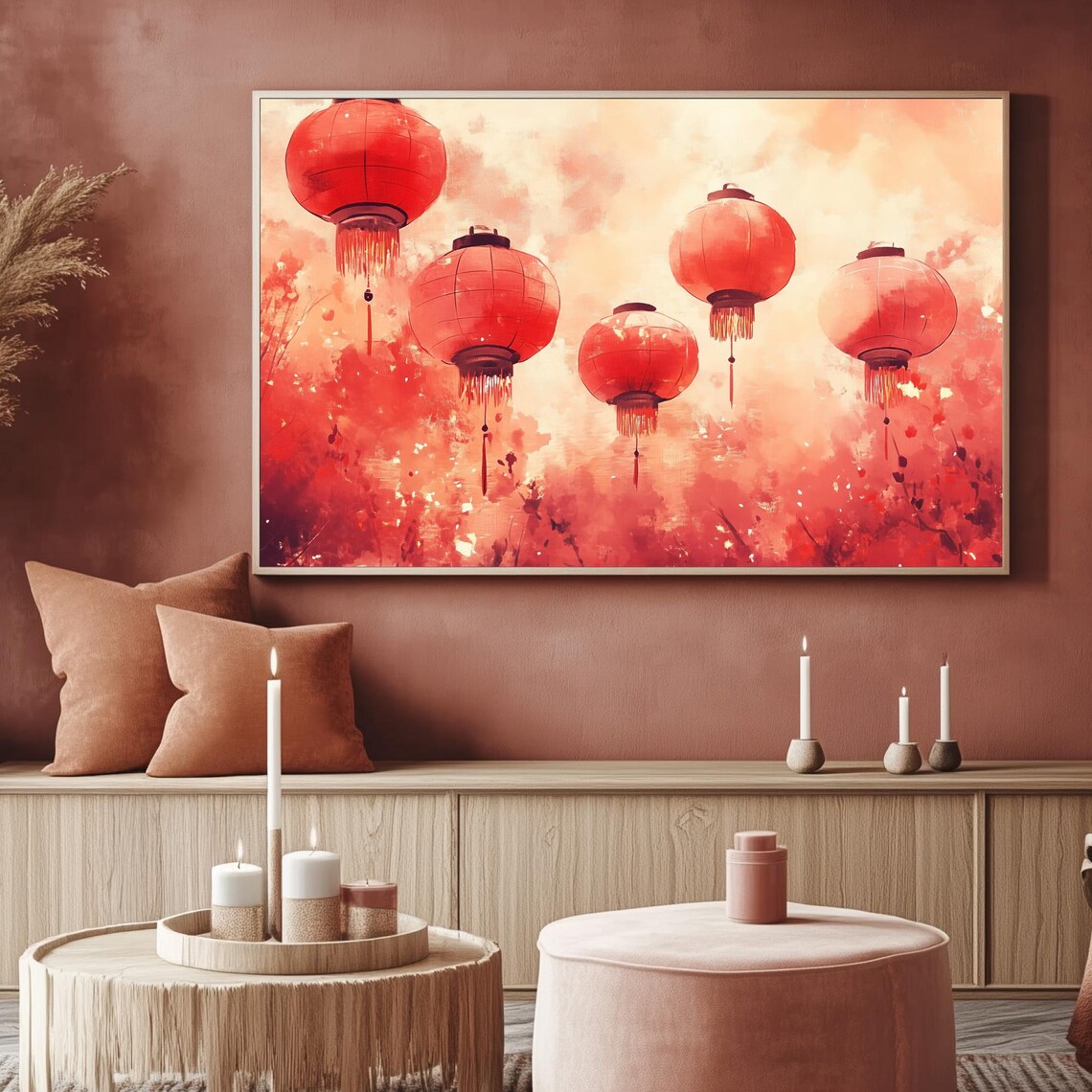 Red Chinese Lanterns Watercolor Lunar New Year Art Frame TV Poster - Image 2
