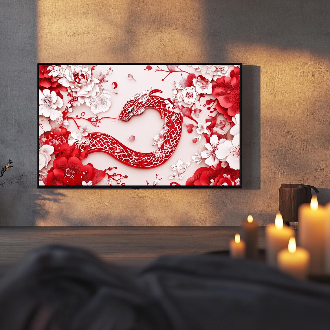 Red Papercut Snake Peonies Lunar New Year Art Frame TV Poster - Image 3
