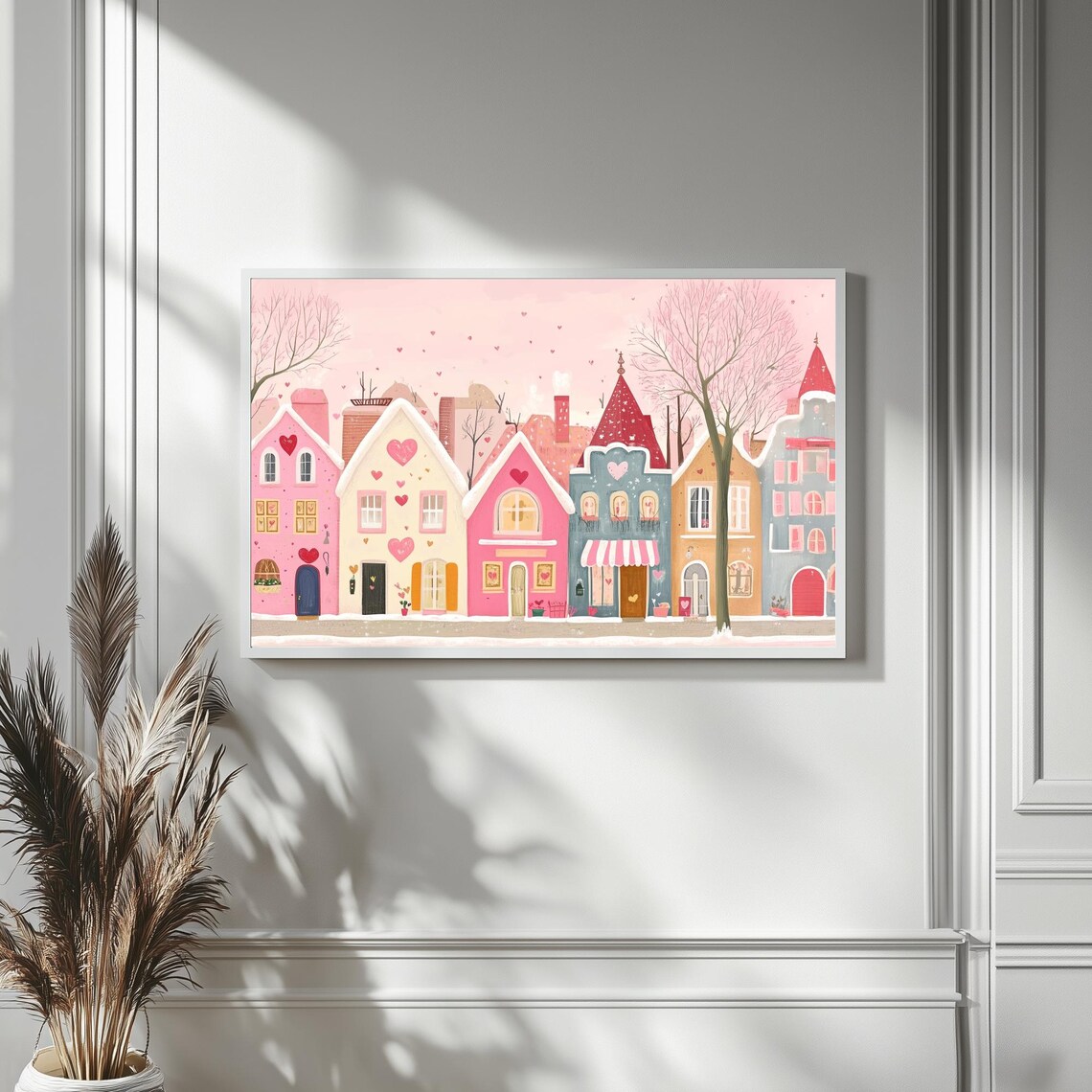 Pink Valentines Village Snowy Street Heart Art Frame TV Poster - Image 4
