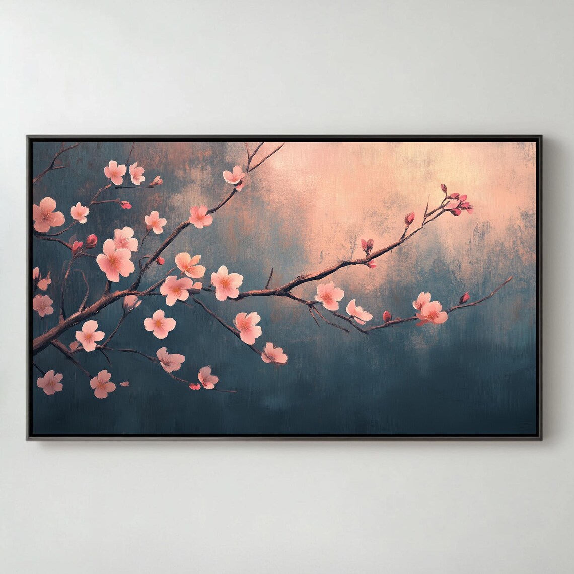 Pink Cherry Blossoms Dark Teal Moody Spring Floral Art TV Poster