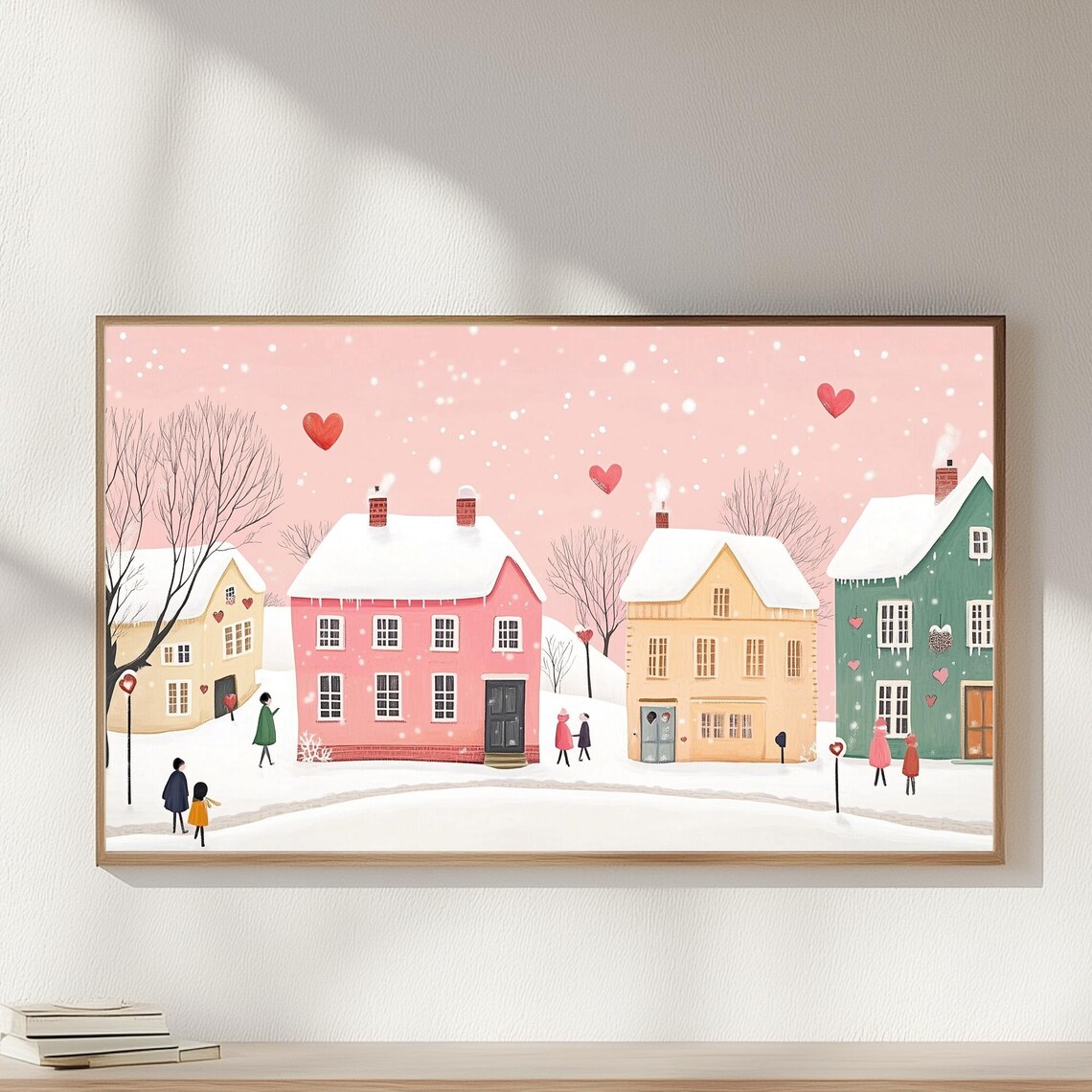 Pink Snowy Valentines Village Hearts Winter Art Frame TV Poster