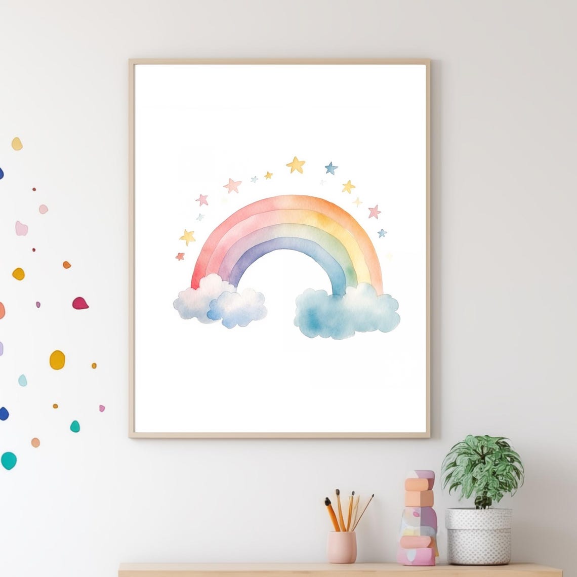 Watercolor Rainbow With Clouds And Stars Nursery Wall Art Poster