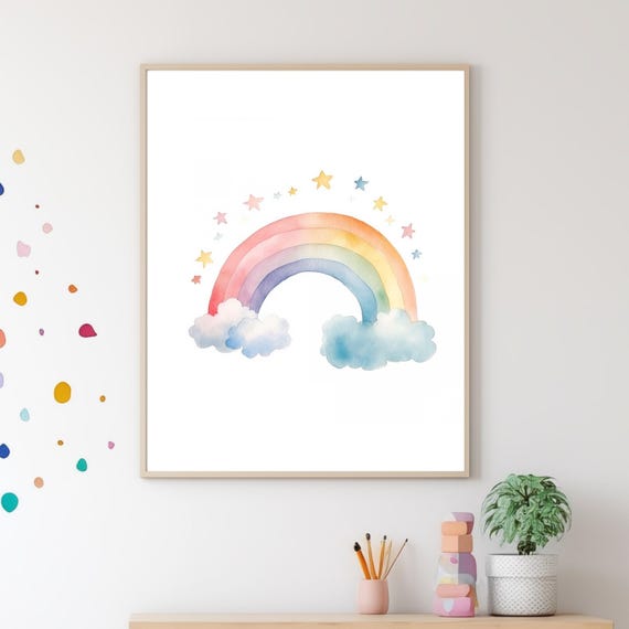 Magical Rainbow Print Nursery Decor For Baby Girl Or Boy Wall Art Watercolor Vibe I Rainbow Theme Nursery
