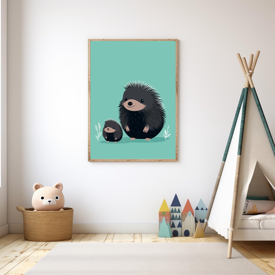 Mommy And Baby Porcupine Together Mint Green Nursery Wall Art - Image 2