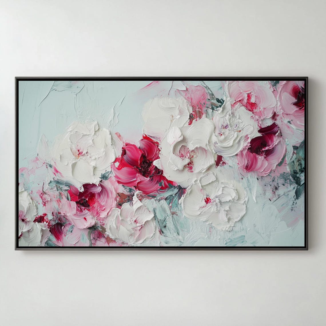 White And Pink Peony Impasto Painting Frame TV Floral Wall Art